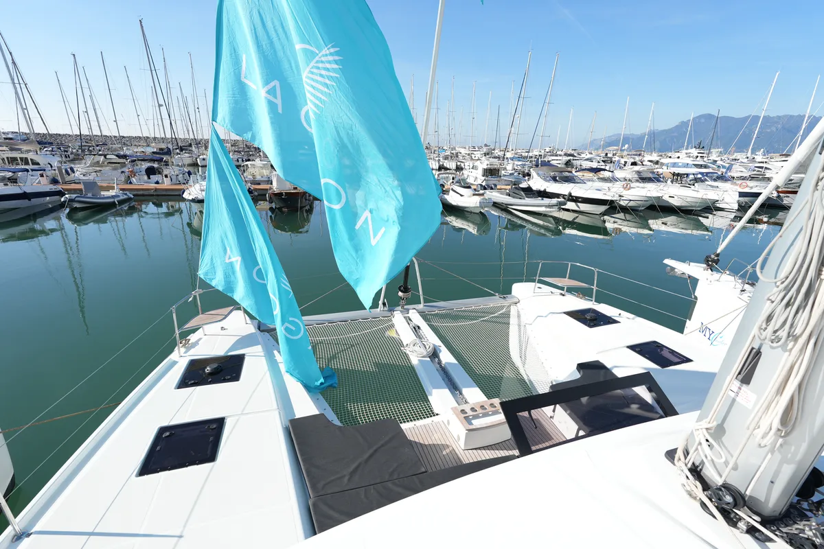 Deck of Lady G, a Lagoon 51 catamaran at Salerno, Italy