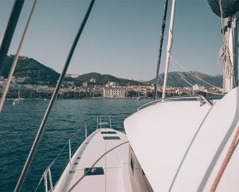 Exterior view of Lady G, a Lagoon 51 catamaran at Salerno, Italy