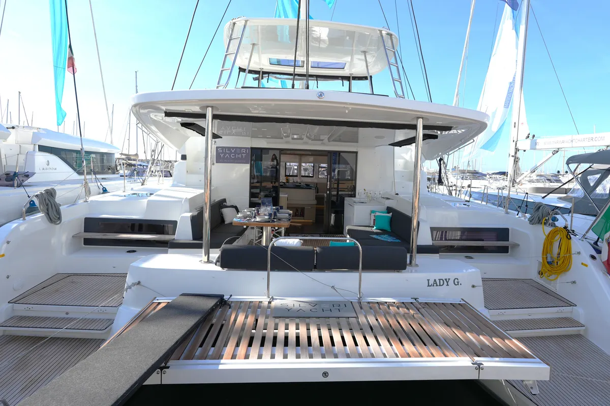 Deck of Lady G, a Lagoon 51 catamaran at Salerno, Italy