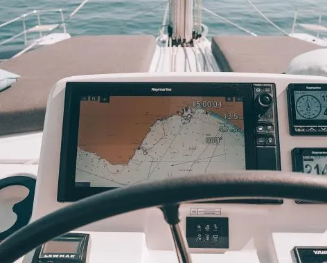 Cockpit of Lady G, a Lagoon 51 catamaran at Salerno, Italy