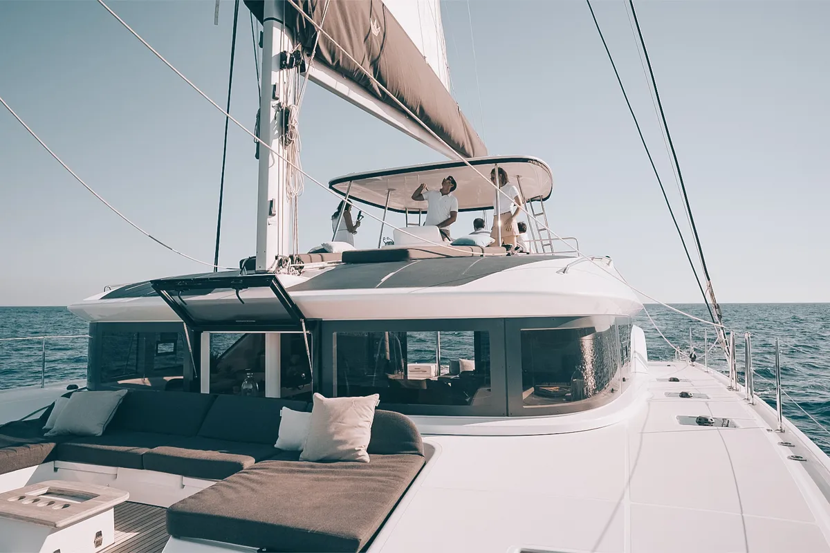 Deck of Lady G, a Lagoon 51 catamaran at Salerno, Italy