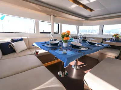 Salon of Lady G, a Lagoon 51 catamaran at Salerno, Italy