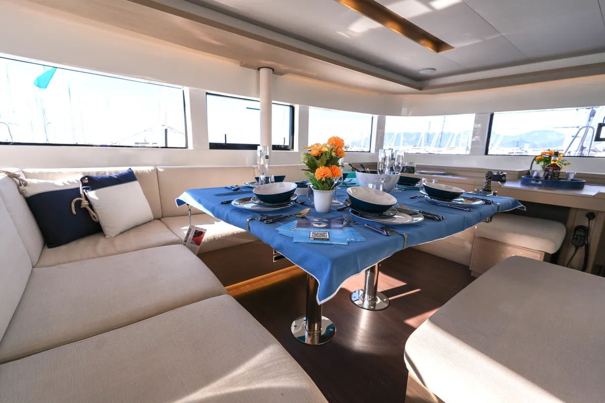 Salon of Lady G, a Lagoon 51 catamaran at Salerno, Italy