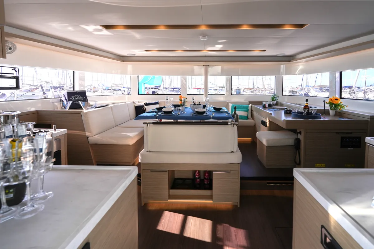 Salon of Lady G, a Lagoon 51 catamaran at Salerno, Italy