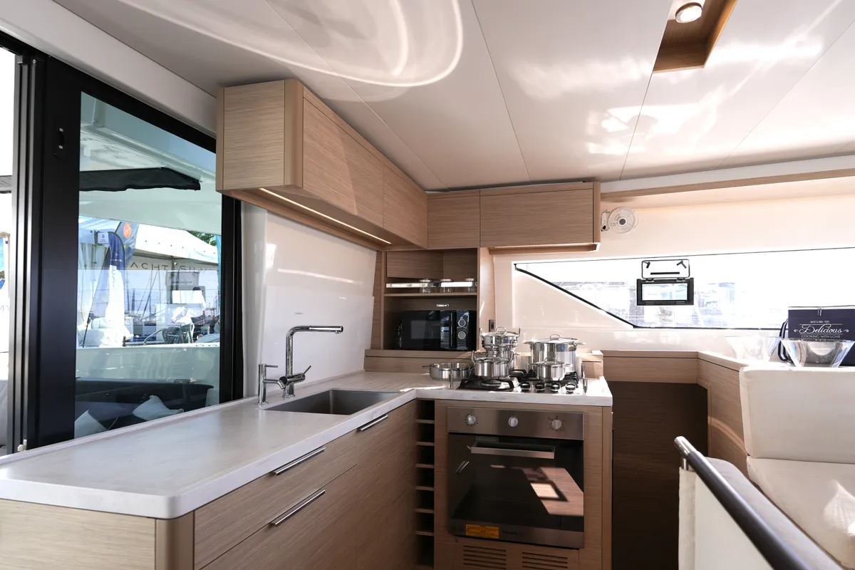 Galley of Lady G, a Lagoon 51 catamaran at Salerno, Italy