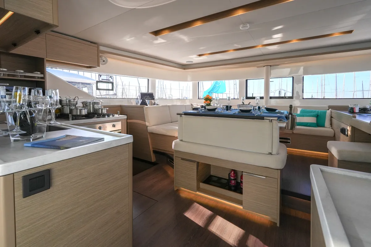 Salon of Lady G, a Lagoon 51 catamaran at Salerno, Italy
