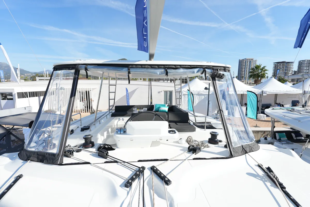 Cockpit of Lady G, a Lagoon 51 catamaran at Salerno, Italy