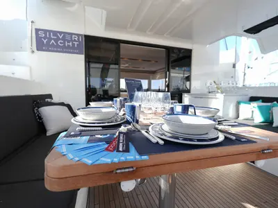 Deck of Lady G, a Lagoon 51 catamaran at Salerno, Italy