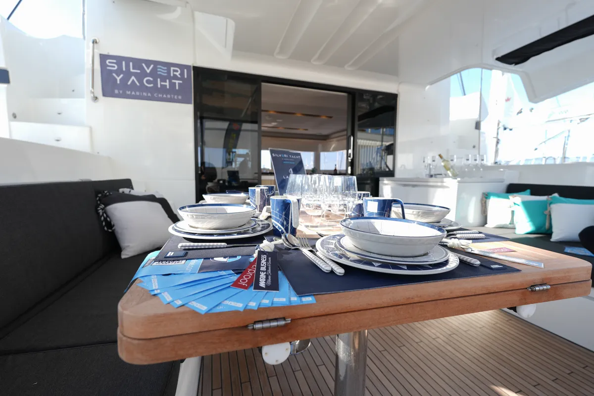 Deck of Lady G, a Lagoon 51 catamaran at Salerno, Italy