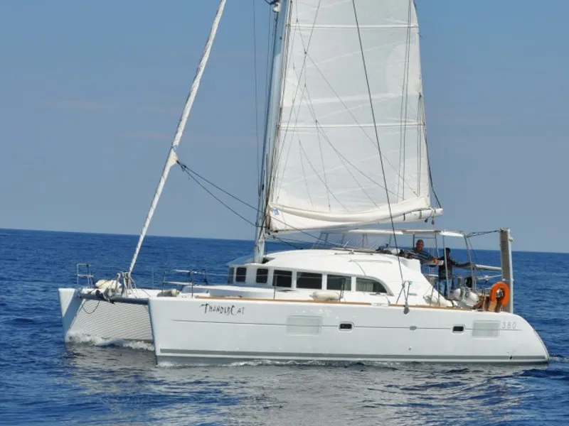 Exterior view of ThunderCat, a Lagoon 380 catamaran at Lavreotiki Municipal Unit, Greece