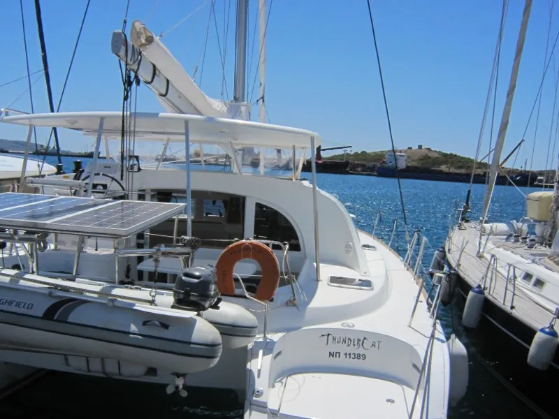 Exterior view of ThunderCat, a Lagoon 380 catamaran at Lavreotiki Municipal Unit, Greece