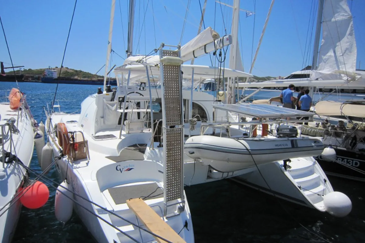 Exterior view of ThunderCat, a Lagoon 380 catamaran at Lavreotiki Municipal Unit, Greece