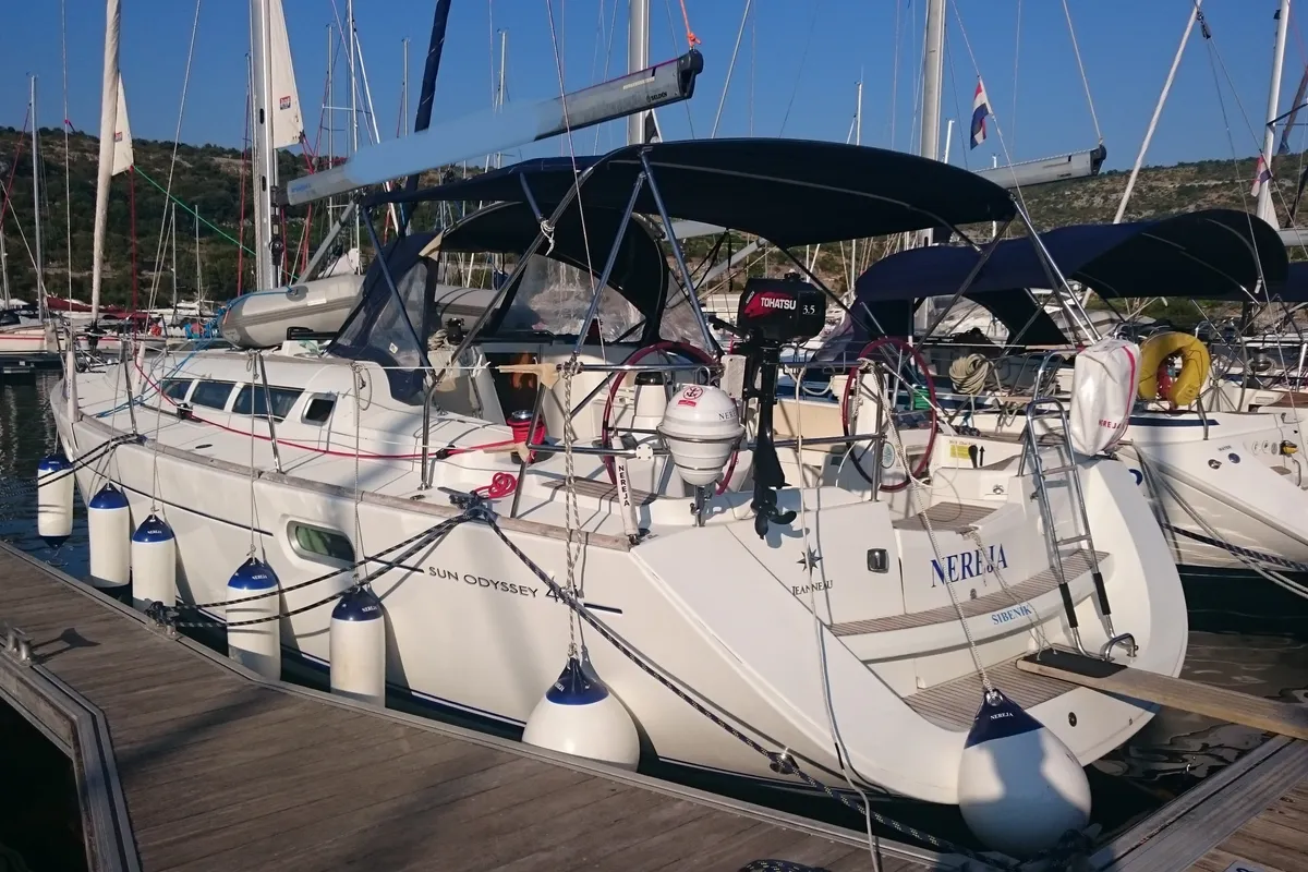 Exterior view of Nereja, a Jeanneau Sun Odyssey 42i sailboat at Grad Biograd na Moru, Croatia