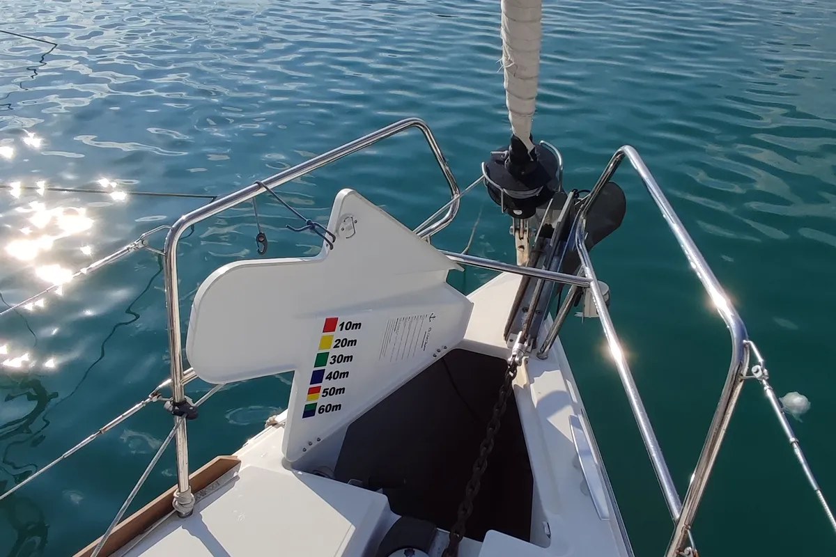 Exterior view of Eulimene, a Jeanneau Sun Odyssey 419 sailboat at Volos, Greece