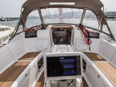 Cockpit of Eulimene, a Jeanneau Sun Odyssey 419 sailboat at Volos, Greece