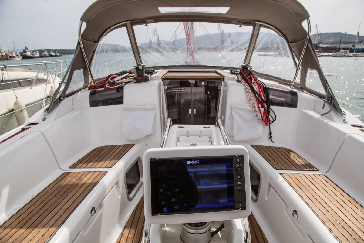 Cockpit of Eulimene, a Jeanneau Sun Odyssey 419 sailboat at Volos, Greece