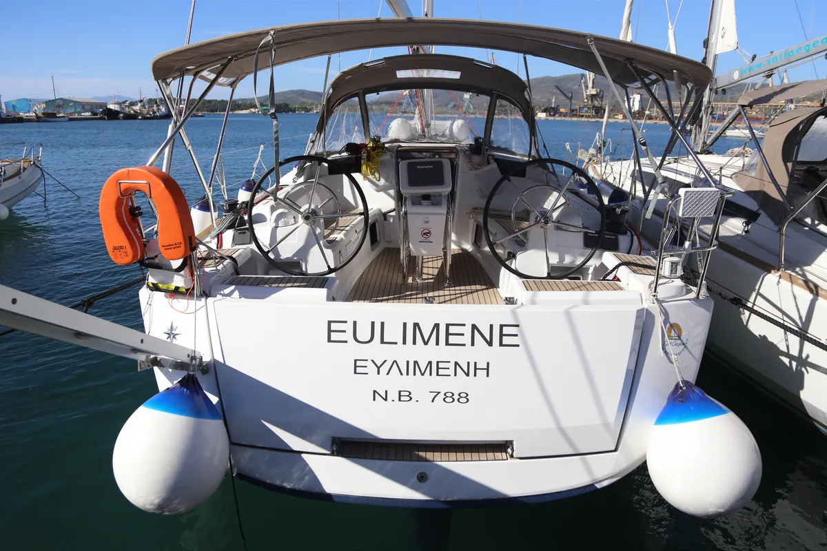 Exterior view of Eulimene, a Jeanneau Sun Odyssey 419 sailboat at Volos, Greece