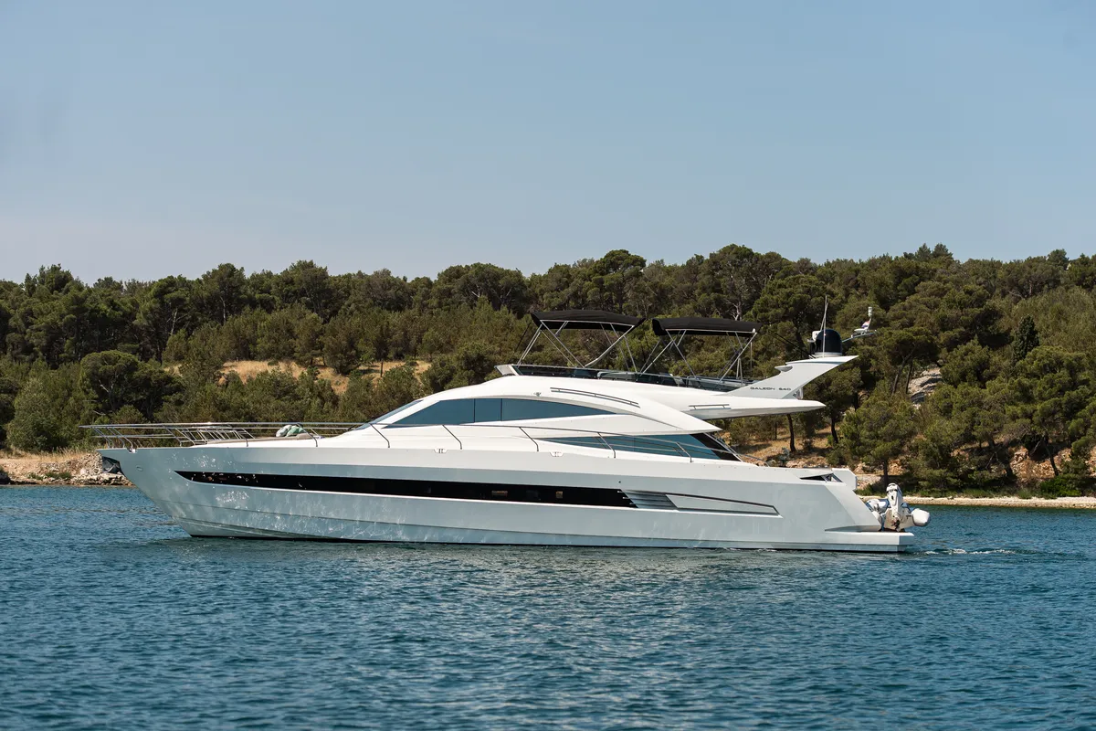 Exterior view of Le Chiffre, a Galeon 640 Fly motor yacht at Grad Šibenik, Croatia