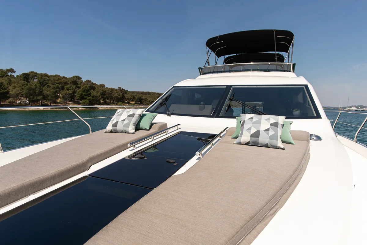 Deck of Le Chiffre, a Galeon 640 Fly motor yacht at Grad Šibenik, Croatia