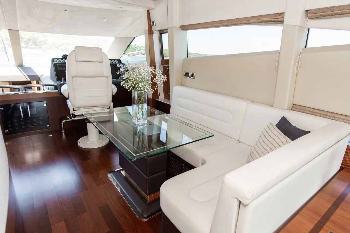 Salon of Le Chiffre, a Galeon 640 Fly motor yacht at Grad Šibenik, Croatia