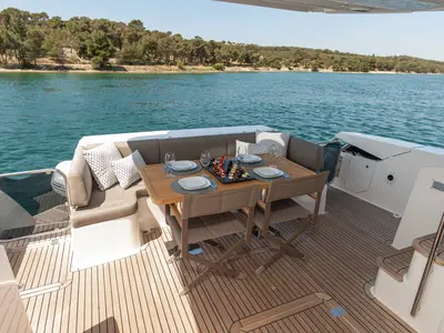 Deck of Le Chiffre, a Galeon 640 Fly motor yacht at Grad Šibenik, Croatia