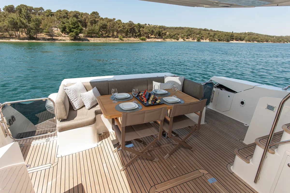 Deck of Le Chiffre, a Galeon 640 Fly motor yacht at Grad Šibenik, Croatia