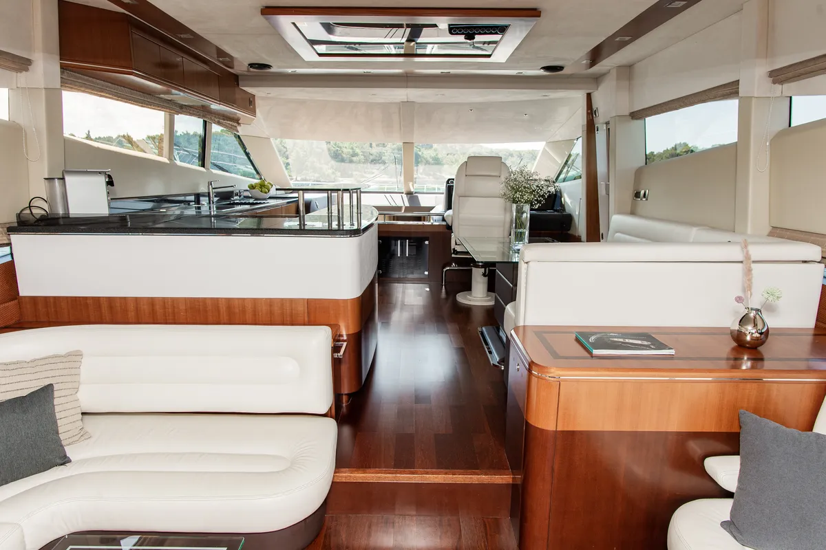 Salon of Le Chiffre, a Galeon 640 Fly motor yacht at Grad Šibenik, Croatia