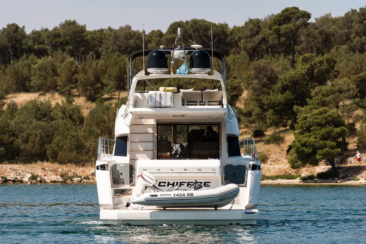 Exterior view of Le Chiffre, a Galeon 640 Fly motor yacht at Grad Šibenik, Croatia