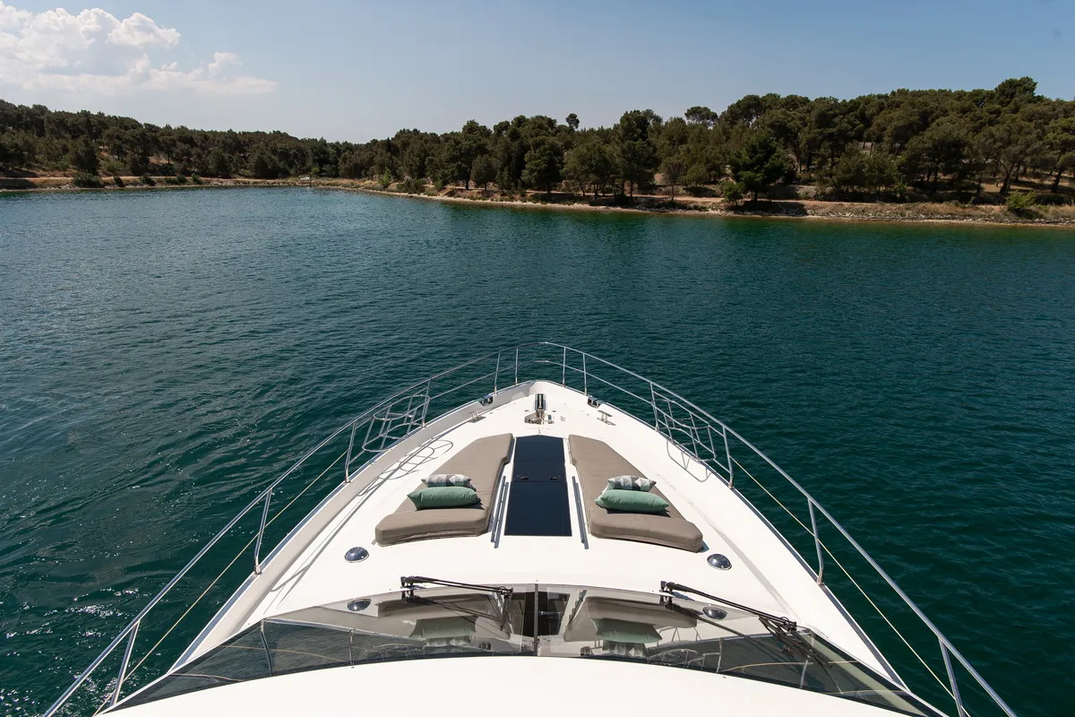 Deck of Le Chiffre, a Galeon 640 Fly motor yacht at Grad Šibenik, Croatia