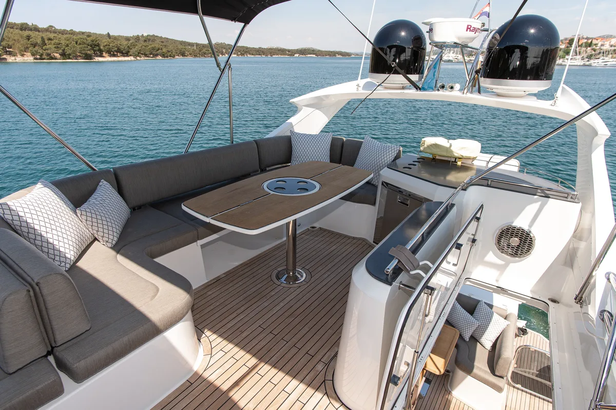 Deck of Le Chiffre, a Galeon 640 Fly motor yacht at Grad Šibenik, Croatia