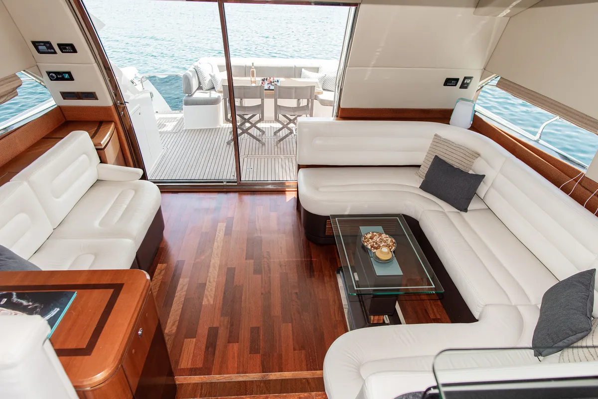 Salon of Le Chiffre, a Galeon 640 Fly motor yacht at Grad Šibenik, Croatia