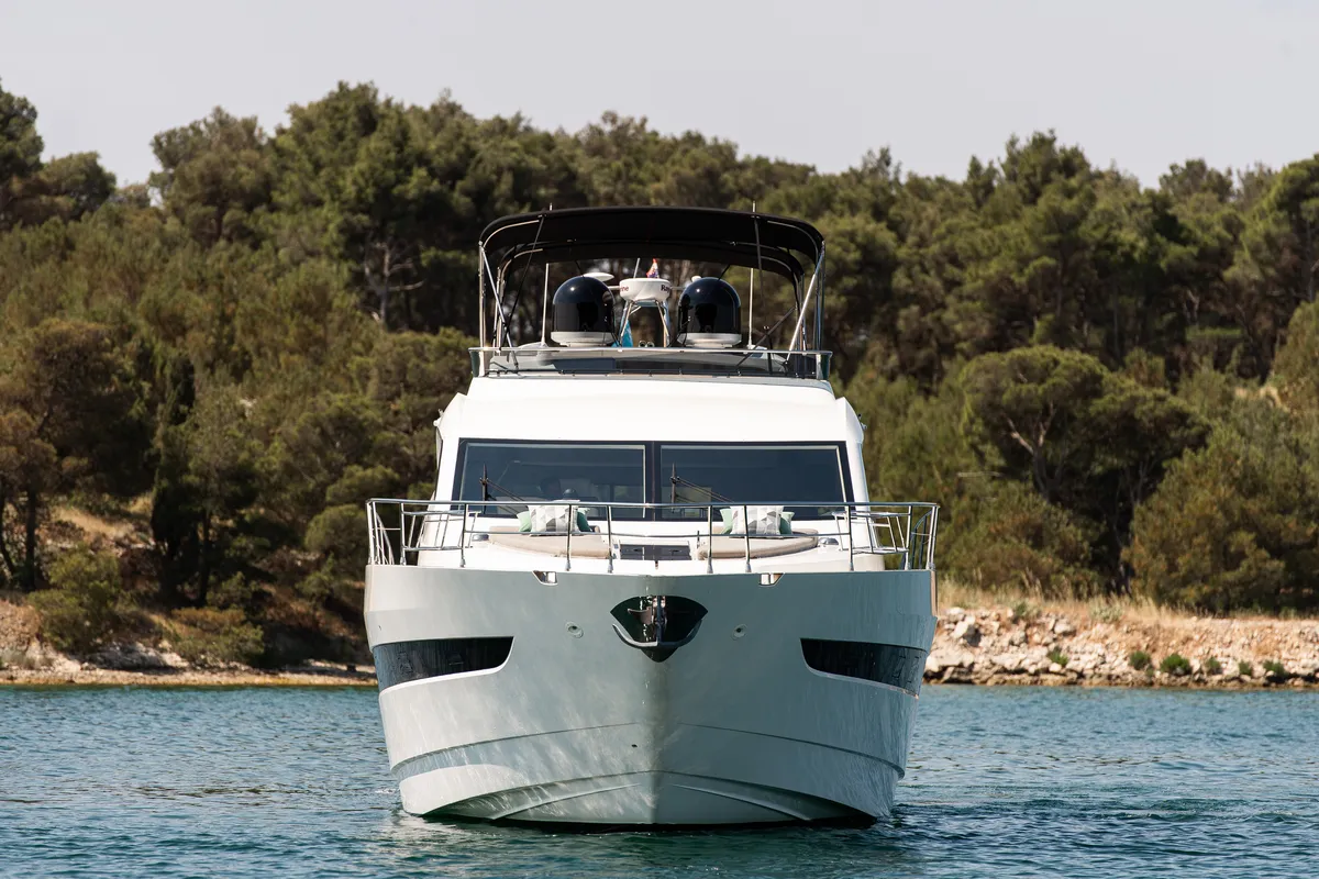 Exterior view of Le Chiffre, a Galeon 640 Fly motor yacht at Grad Šibenik, Croatia