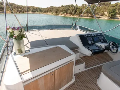 Cockpit of Le Chiffre, a Galeon 640 Fly motor yacht at Grad Šibenik, Croatia