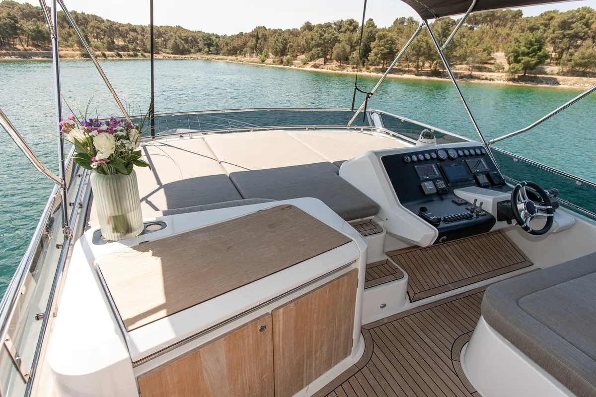 Cockpit of Le Chiffre, a Galeon 640 Fly motor yacht at Grad Šibenik, Croatia