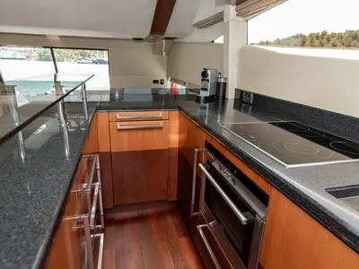Galley of Le Chiffre, a Galeon 640 Fly motor yacht at Grad Šibenik, Croatia