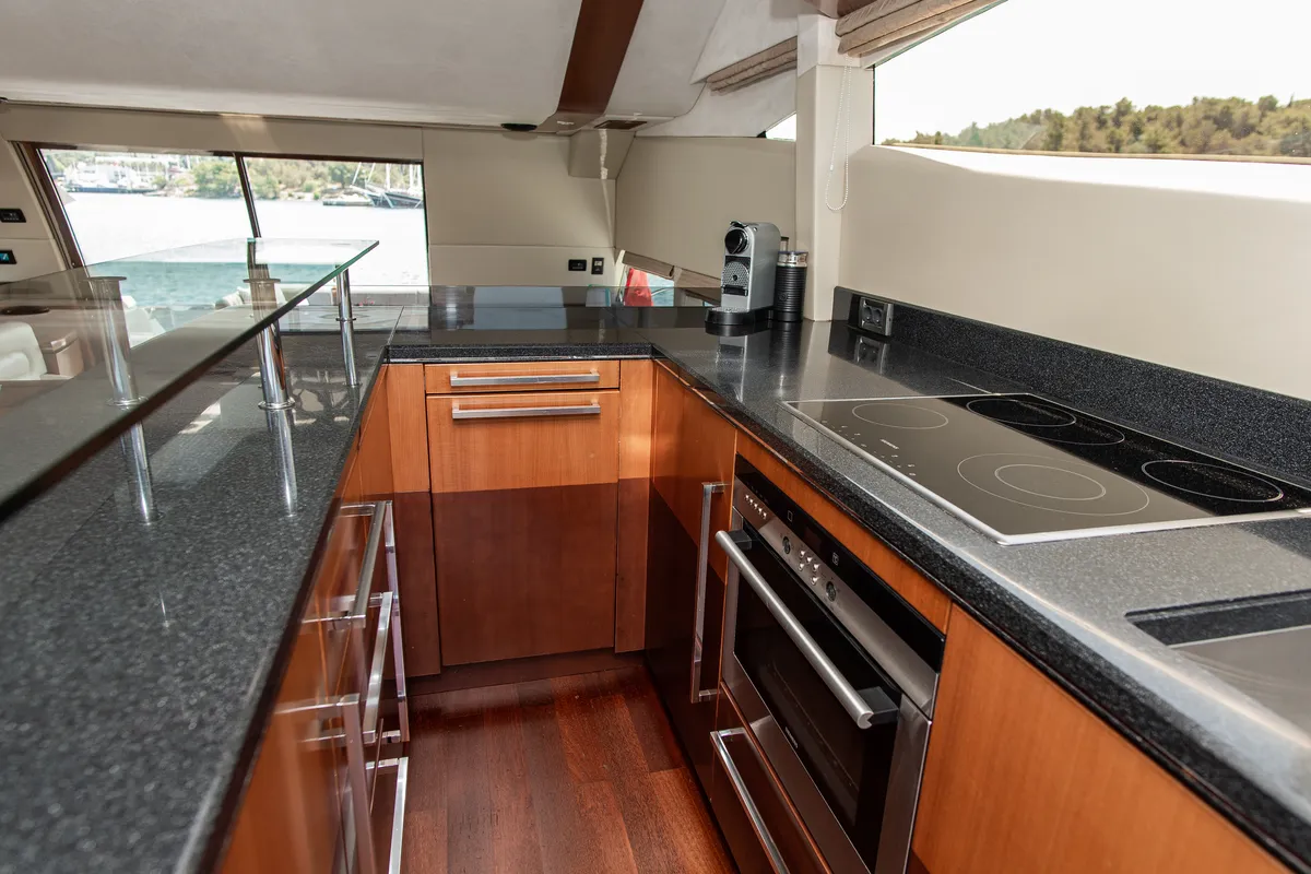 Galley of Le Chiffre, a Galeon 640 Fly motor yacht at Grad Šibenik, Croatia