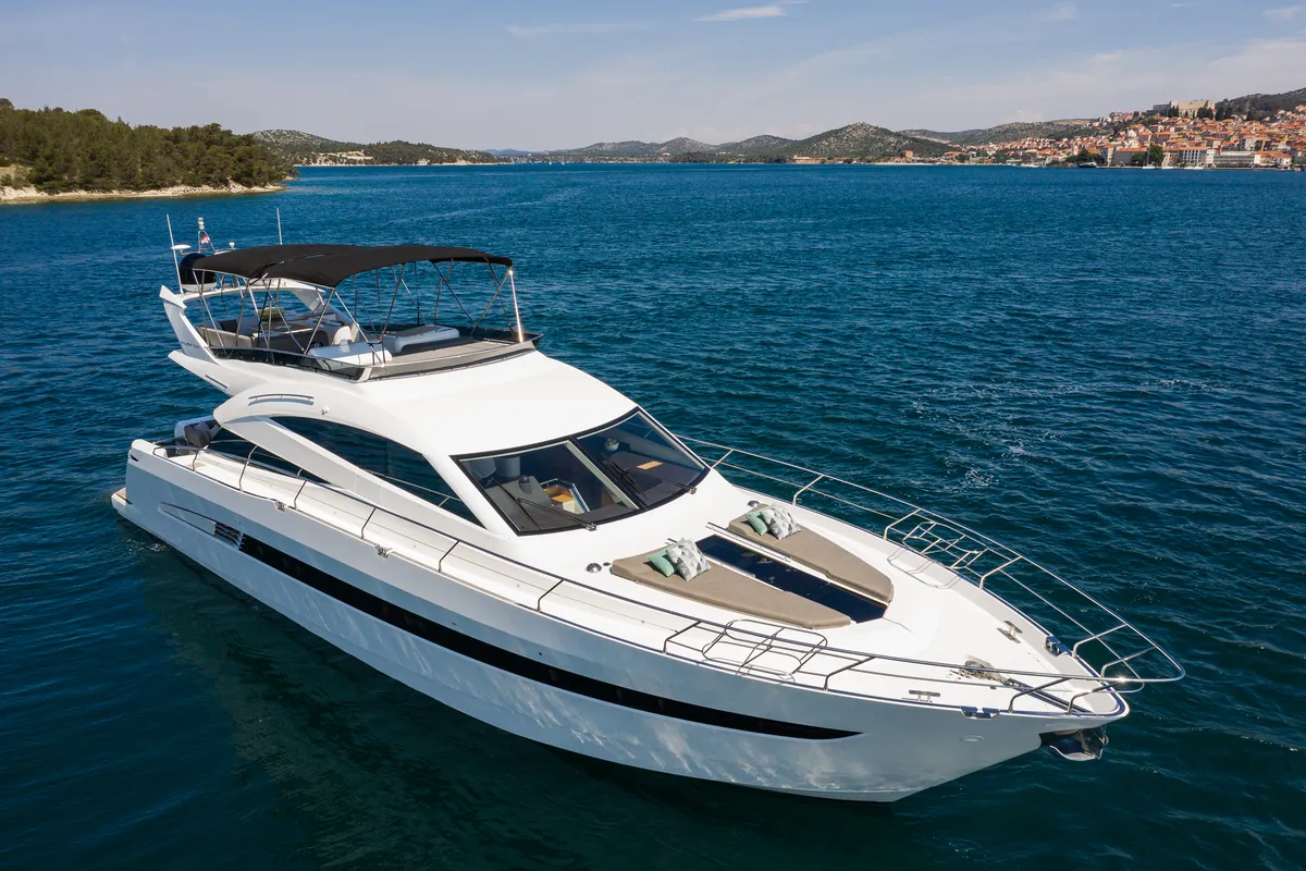 Exterior view of Le Chiffre, a Galeon 640 Fly motor yacht at Grad Šibenik, Croatia