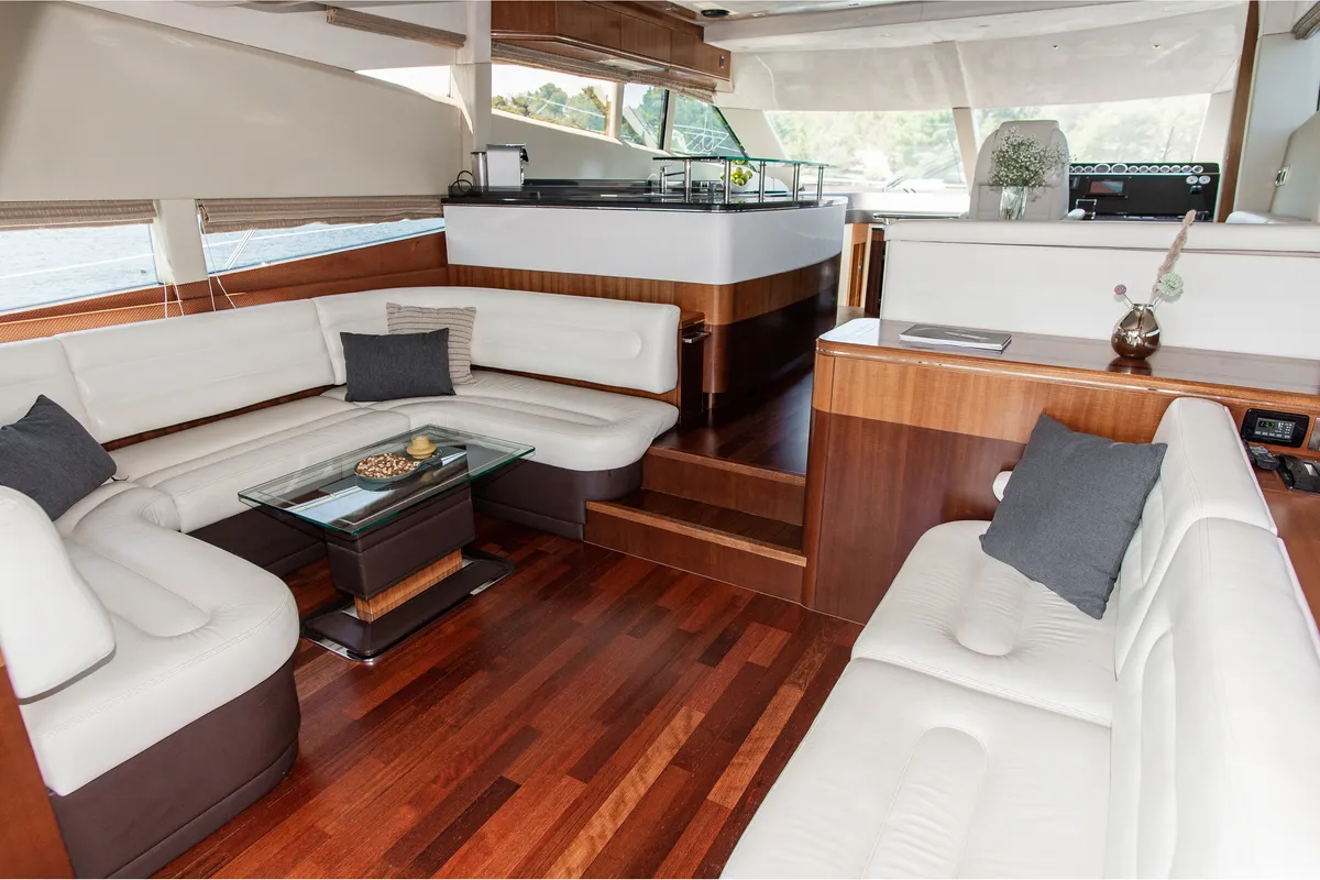 Salon of Le Chiffre, a Galeon 640 Fly motor yacht at Grad Šibenik, Croatia