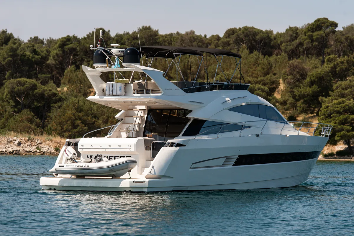 Exterior view of Le Chiffre, a Galeon 640 Fly motor yacht at Grad Šibenik, Croatia