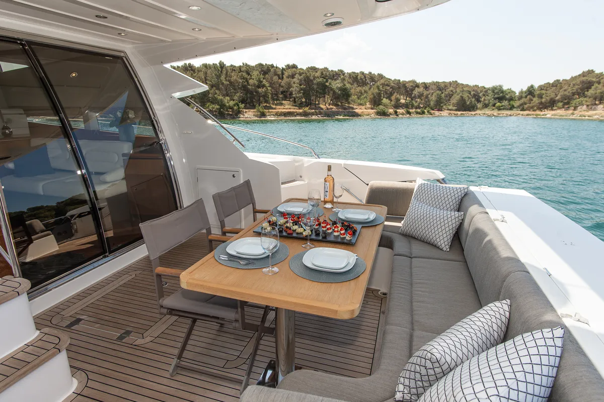 Deck of Le Chiffre, a Galeon 640 Fly motor yacht at Grad Šibenik, Croatia