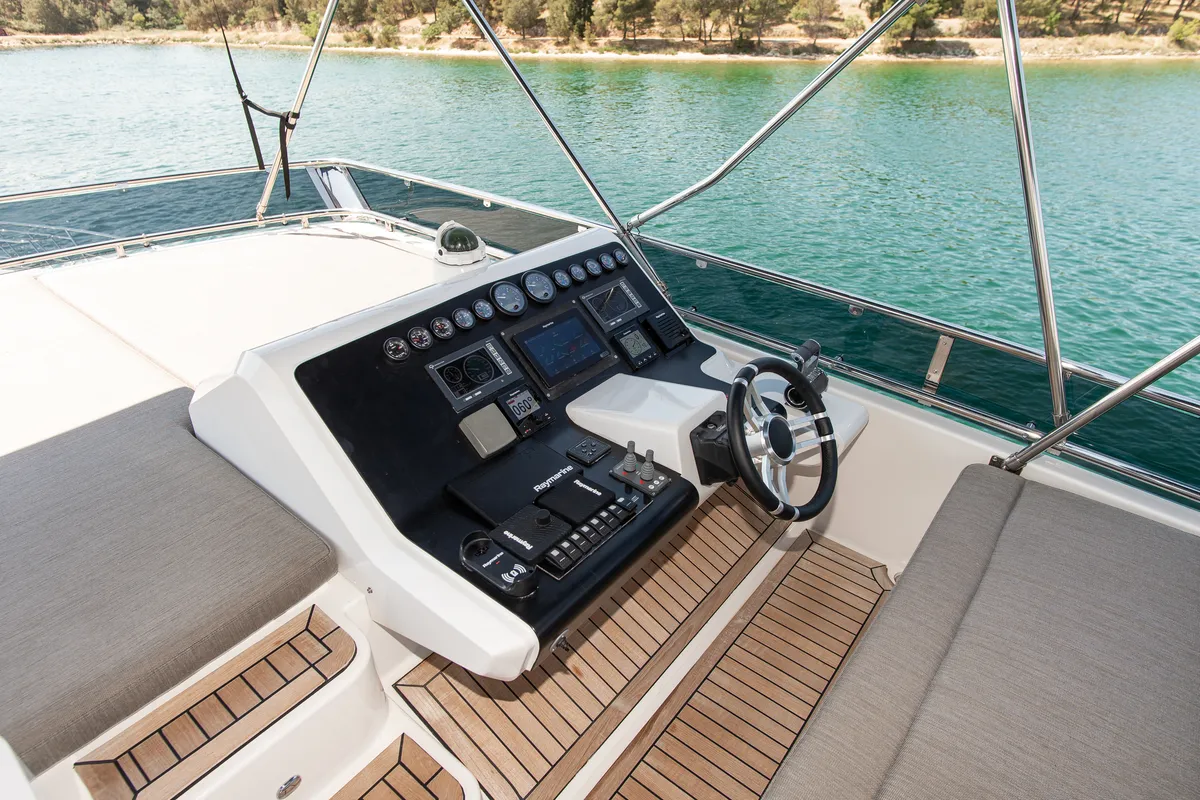 Cockpit of Le Chiffre, a Galeon 640 Fly motor yacht at Grad Šibenik, Croatia