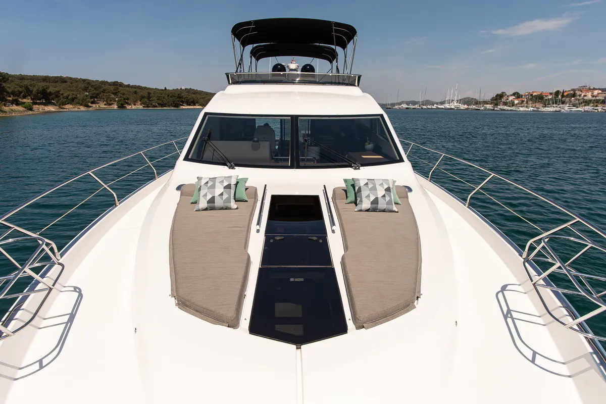 Deck of Le Chiffre, a Galeon 640 Fly motor yacht at Grad Šibenik, Croatia