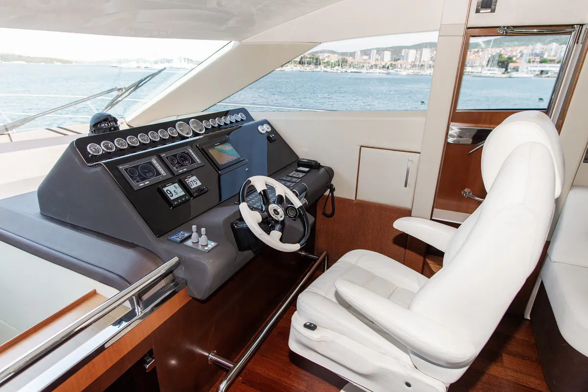 Cockpit of Le Chiffre, a Galeon 640 Fly motor yacht at Grad Šibenik, Croatia