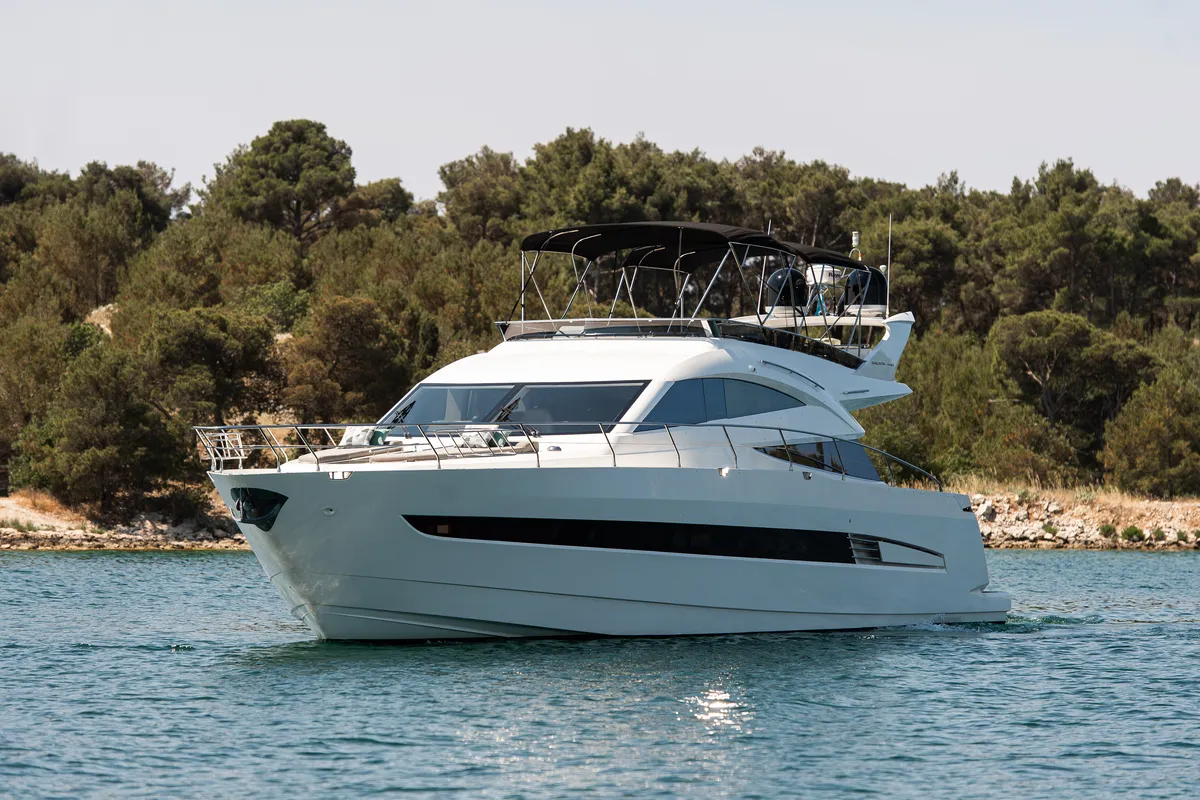 Exterior view of Le Chiffre, a Galeon 640 Fly motor yacht at Grad Šibenik, Croatia