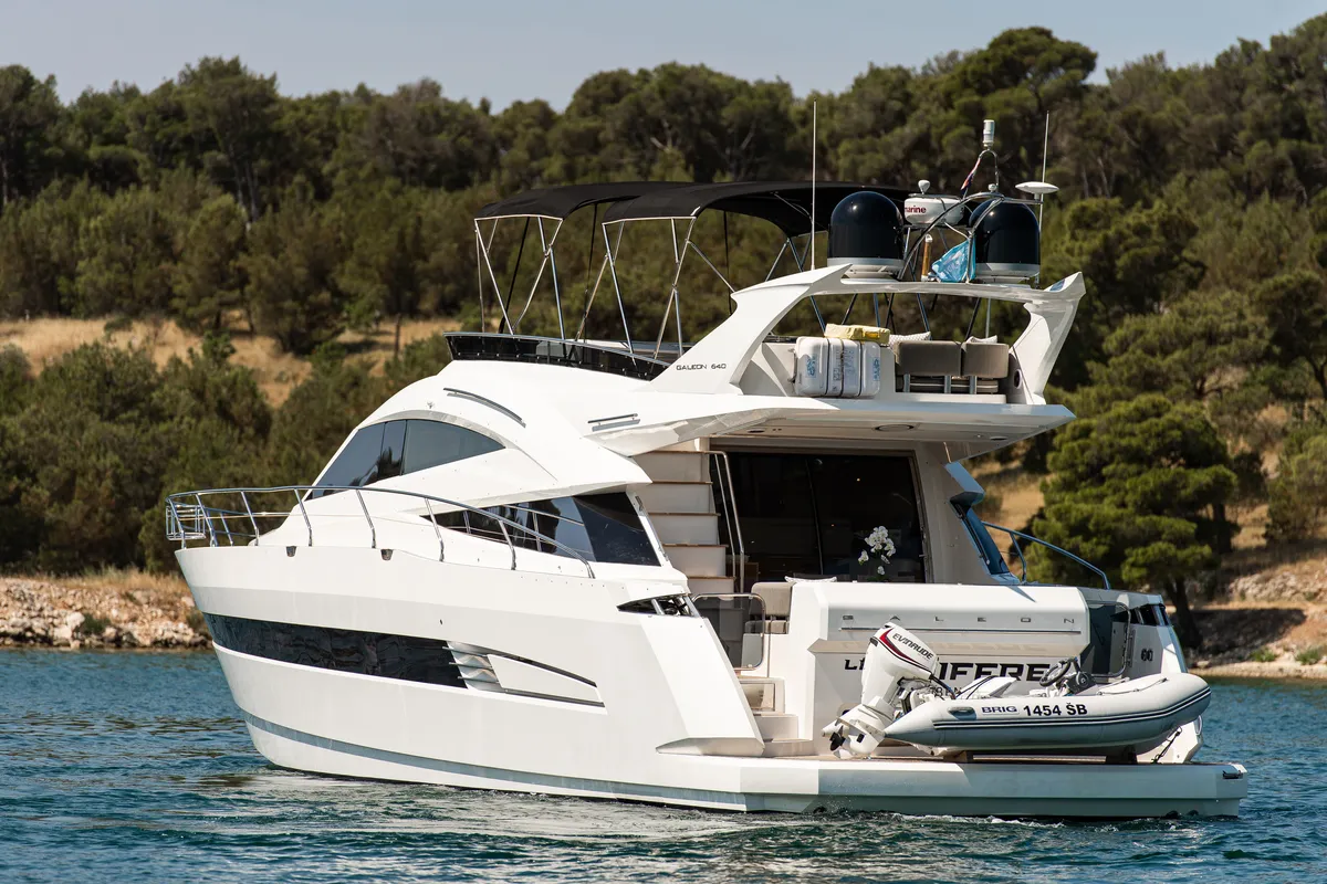 Exterior view of Le Chiffre, a Galeon 640 Fly motor yacht at Grad Šibenik, Croatia