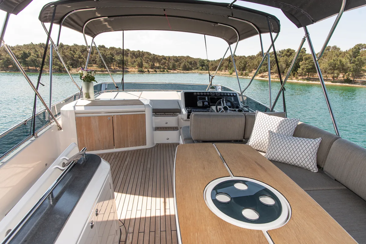 Deck of Le Chiffre, a Galeon 640 Fly motor yacht at Grad Šibenik, Croatia