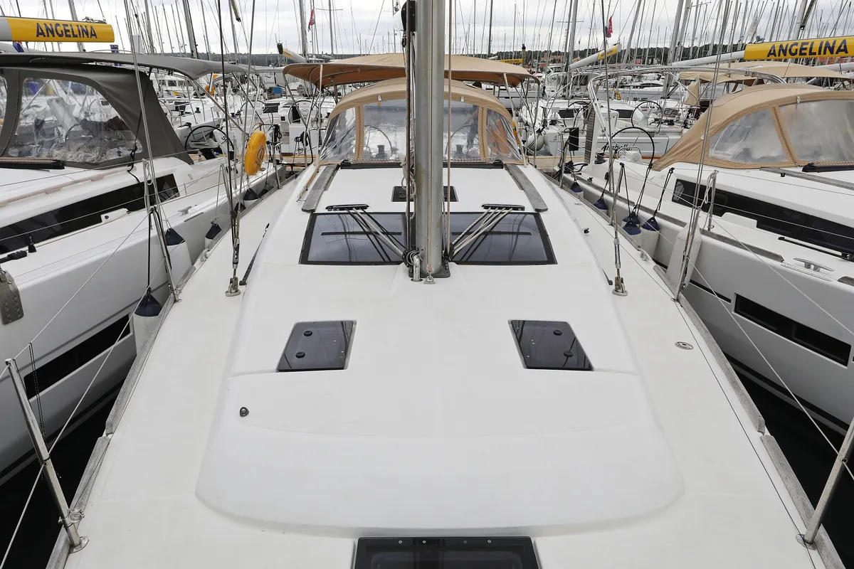 Deck of La Vie, a Dufour 412 GL sailboat at Grad Biograd na Moru, Croatia