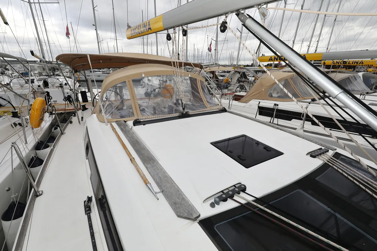 Deck of La Vie, a Dufour 412 GL sailboat at Grad Biograd na Moru, Croatia