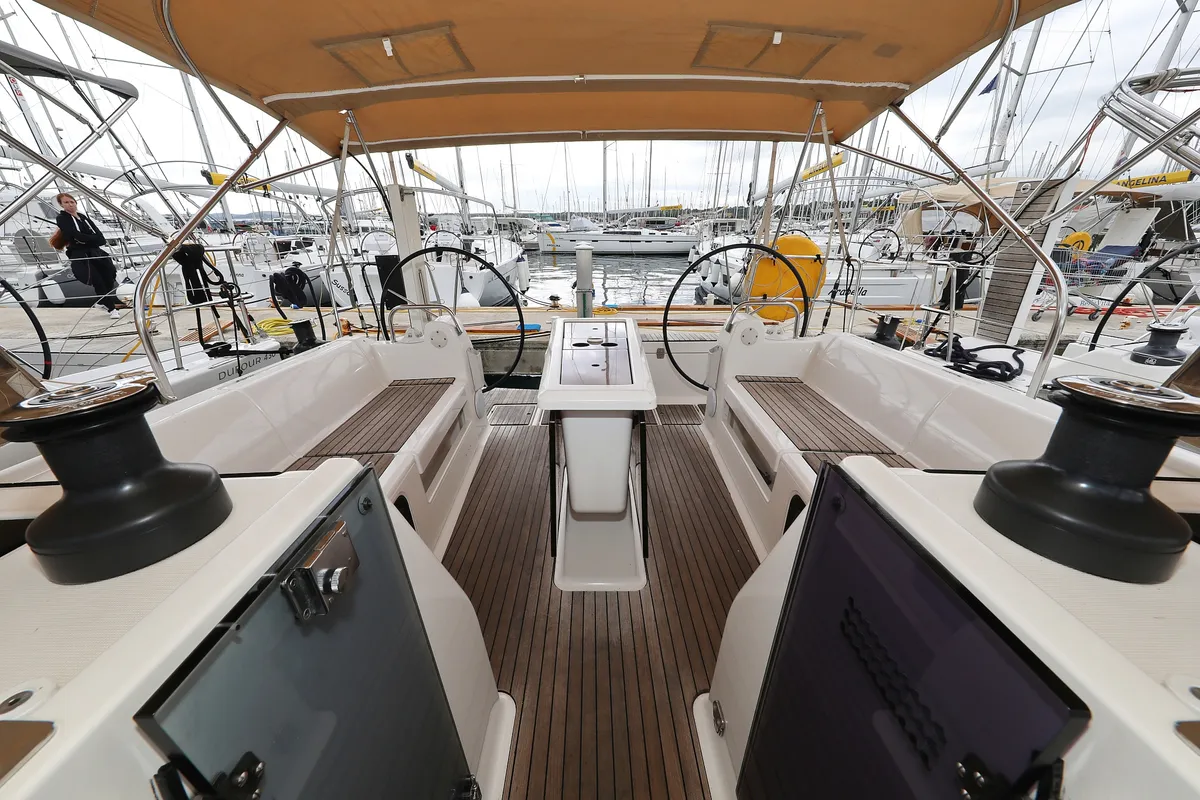Cockpit of La Vie, a Dufour 412 GL sailboat at Grad Biograd na Moru, Croatia