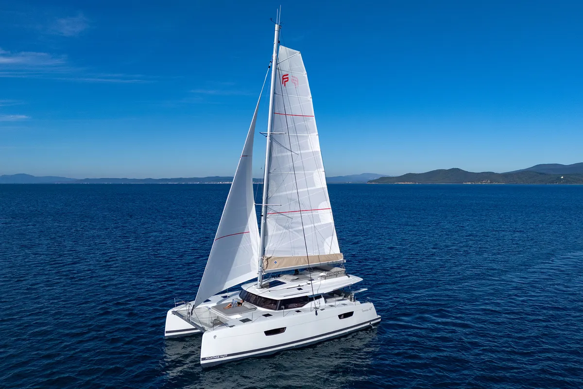 Exterior view of Calypso, a Fountaine Pajot Tanna 47 catamaran at Cannigione, Italy
